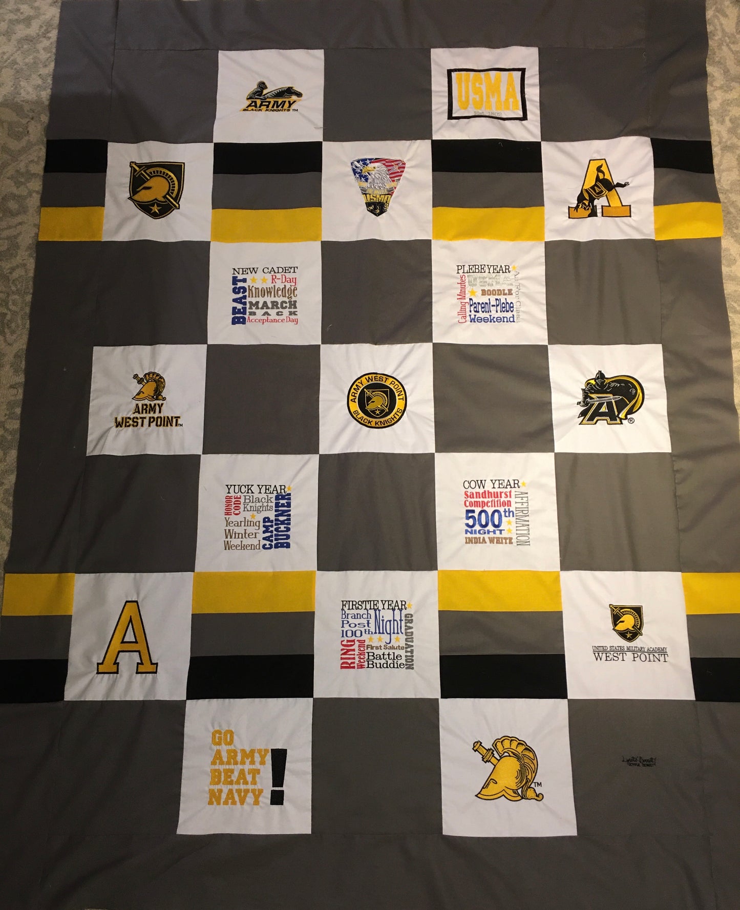 West Point Army A - Quilt Block - For Quilts or Decorator Pillows